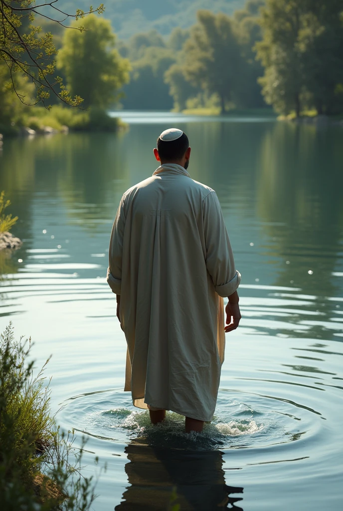 A very beautiful lake with a man dressed in Israeli clothing entering with his back to the water, but the water is only up to his knee.