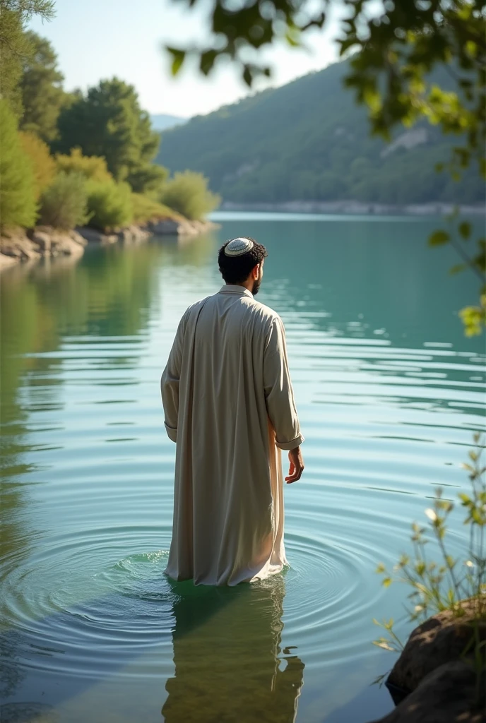A very beautiful lake with a man dressed in Israeli clothing entering with his back to the water, but the water is only up to his knee.