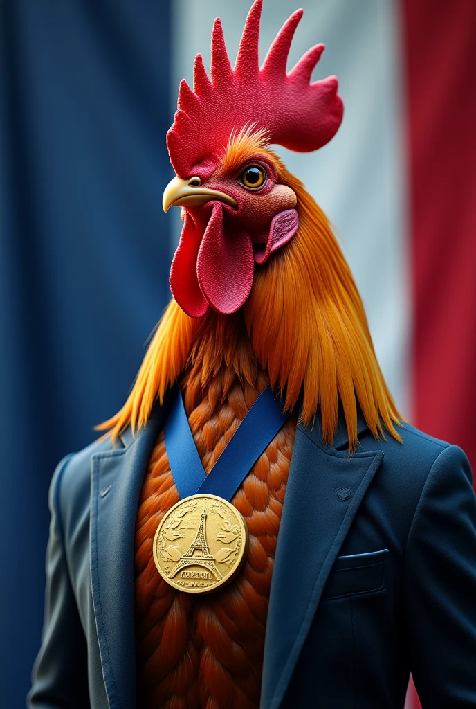 A rooster, diving photo shoot, with an air of superiority, so majestic, with a jacket on the animal's body, with the gold medal from the 2024 Paris Olympics, and the background of the image the colors of the French flag