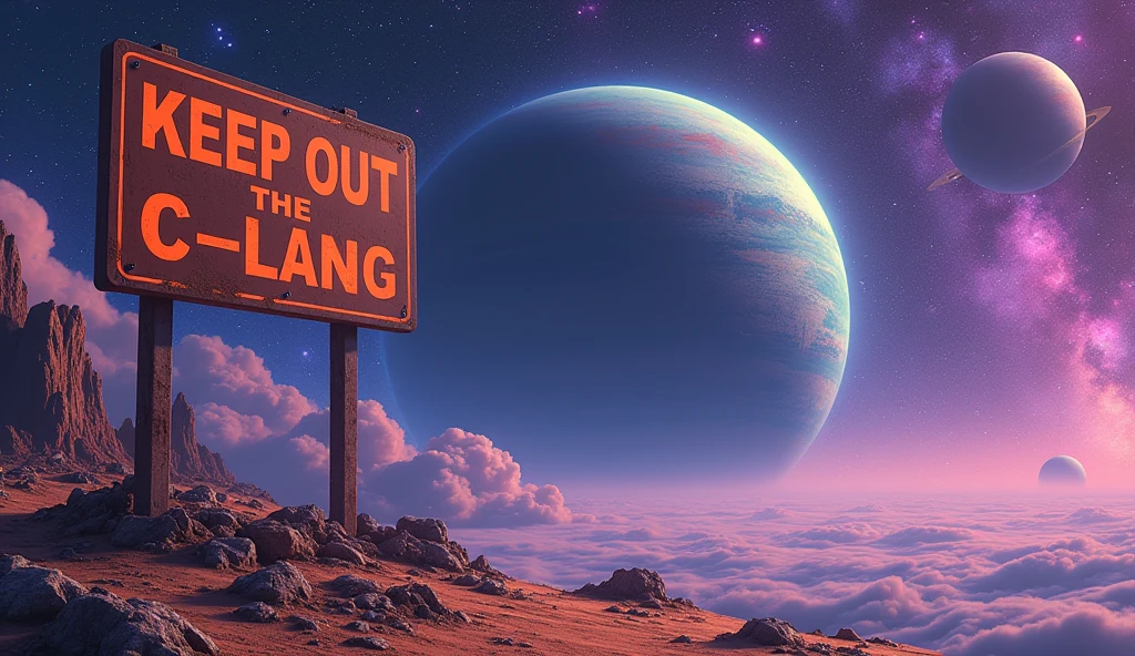 view of a planet in deep space, with stars of different colors, and 2 big planets with rings and moons in the back. the space has some bright colors, purple and pink. on the planet there is an abandoned space station and a brown-orange sign that writes with a red font "KEEP OUT THE C LANG", anime style