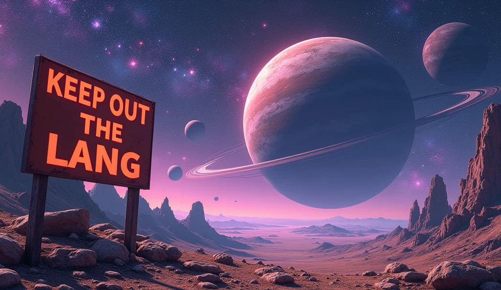 view of a planet in deep space, with stars of different colors, and 2 big planets with rings and moons in the back. the space has some bright colors, purple and pink. on the planet there is an abandoned space station and a brown-orange sign that writes with a red font "KEEP OUT THE C LANG", anime style
