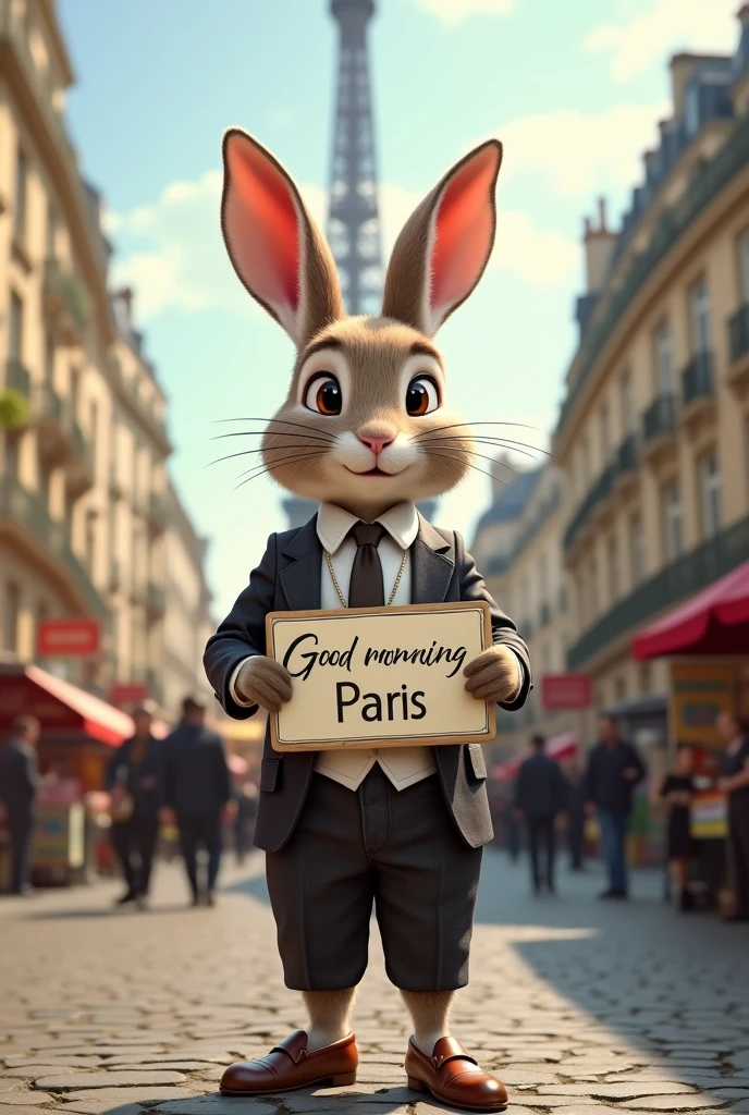 Create an image of a rabbit in a suit in the city of Paris holding a sign that says Good morning Paris