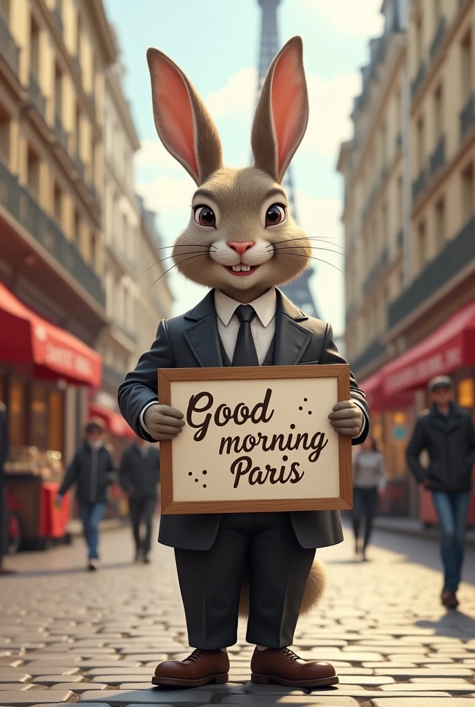 Create an image of a rabbit in a suit in the city of Paris holding a sign that says Good morning Paris