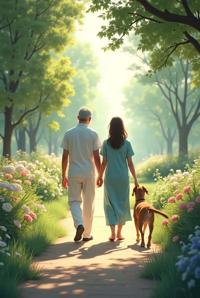 standing backwards, caregiver and patient walk in the garden with dog