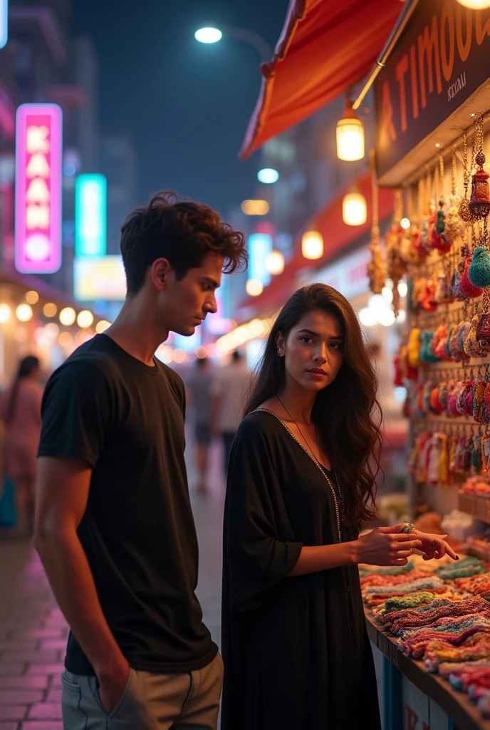Generate a picture of a boy (as tom Holland) wearing black tshirt and a girl (as Zendaya) wearing black Kurta buying keychains on street shops at night