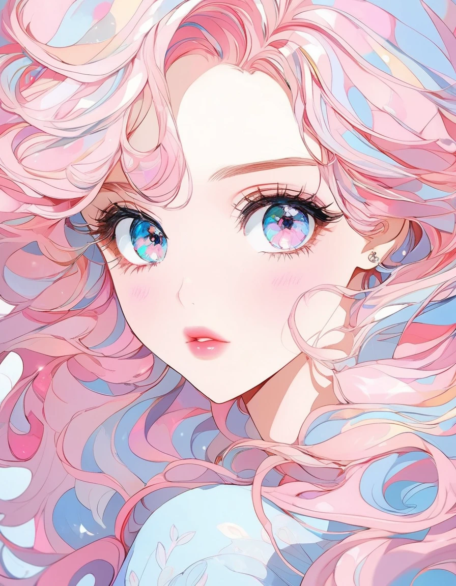 best quality, cute, , shiny eyes, gorgeous, colorful eyes, colorful hair, pastel, pink pastel lips, detailed skin, detailed eyes, detailed hair