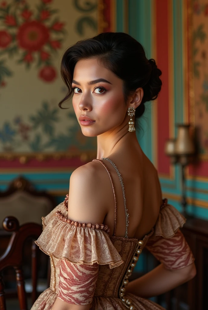 Beautiful latina woman perfect body short brunette hair,  dressed in elegant victorian era 19th century American colorful conservative formal studio lighting,  beautiful indoor background 
