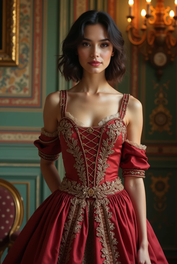 Beautiful latina woman perfect body short brunette hair,  dressed in elegant victorian era 19th century American colorful conservative formal studio lighting,  beautiful indoor background 