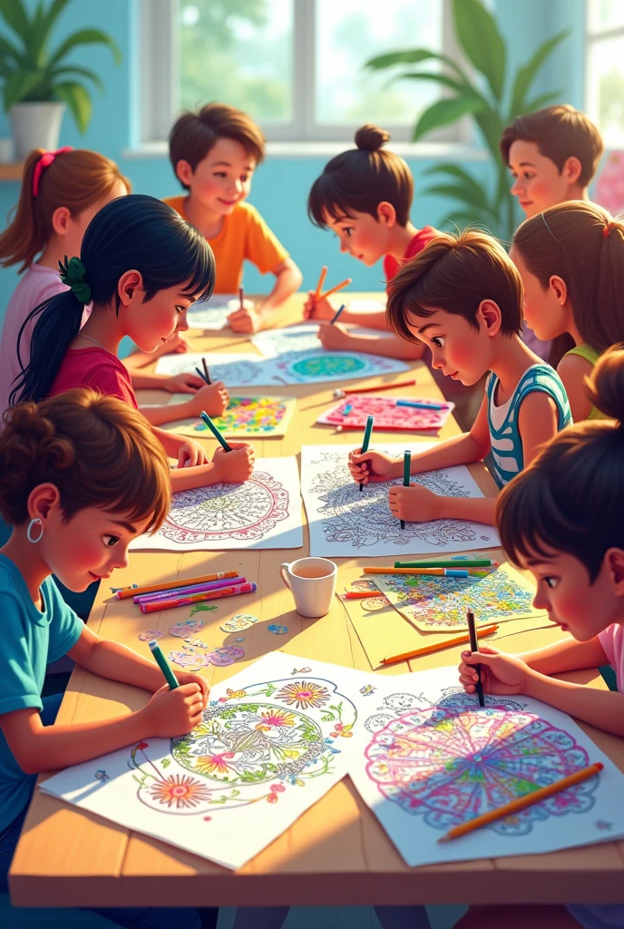 Create a graphic image of several people participating in a coloring competition