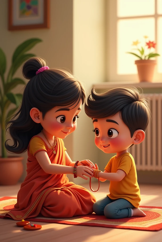 A seven years old little brother and eleven years old big sister.sister has baby cut hairstyle . Sister is tying rakhi to brother 