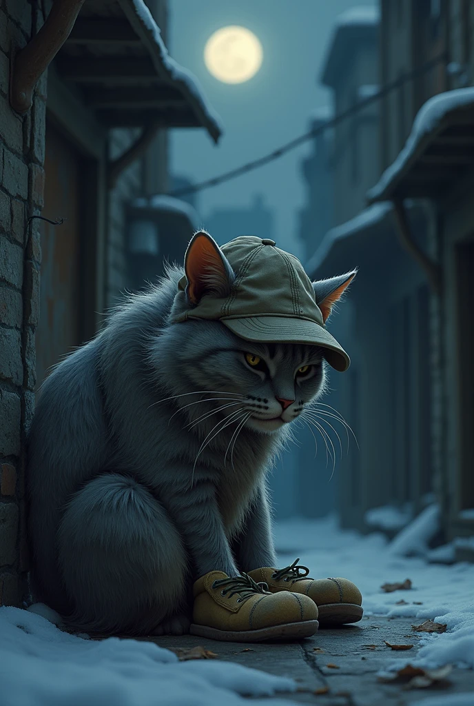 The cat is curled up in an empty alley, wearing a tattered gray coat full of holes and patches. Its feet are clad in worn-out old shoes, and it wears a faded little hat on its head. The background is a cold night, with icy moonlight casting shadows in the alley.