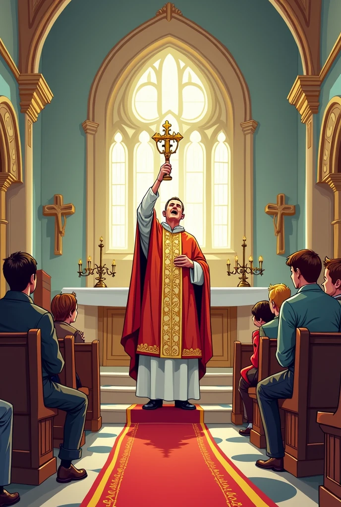 Father raising the Eucharist during mass; comic;
