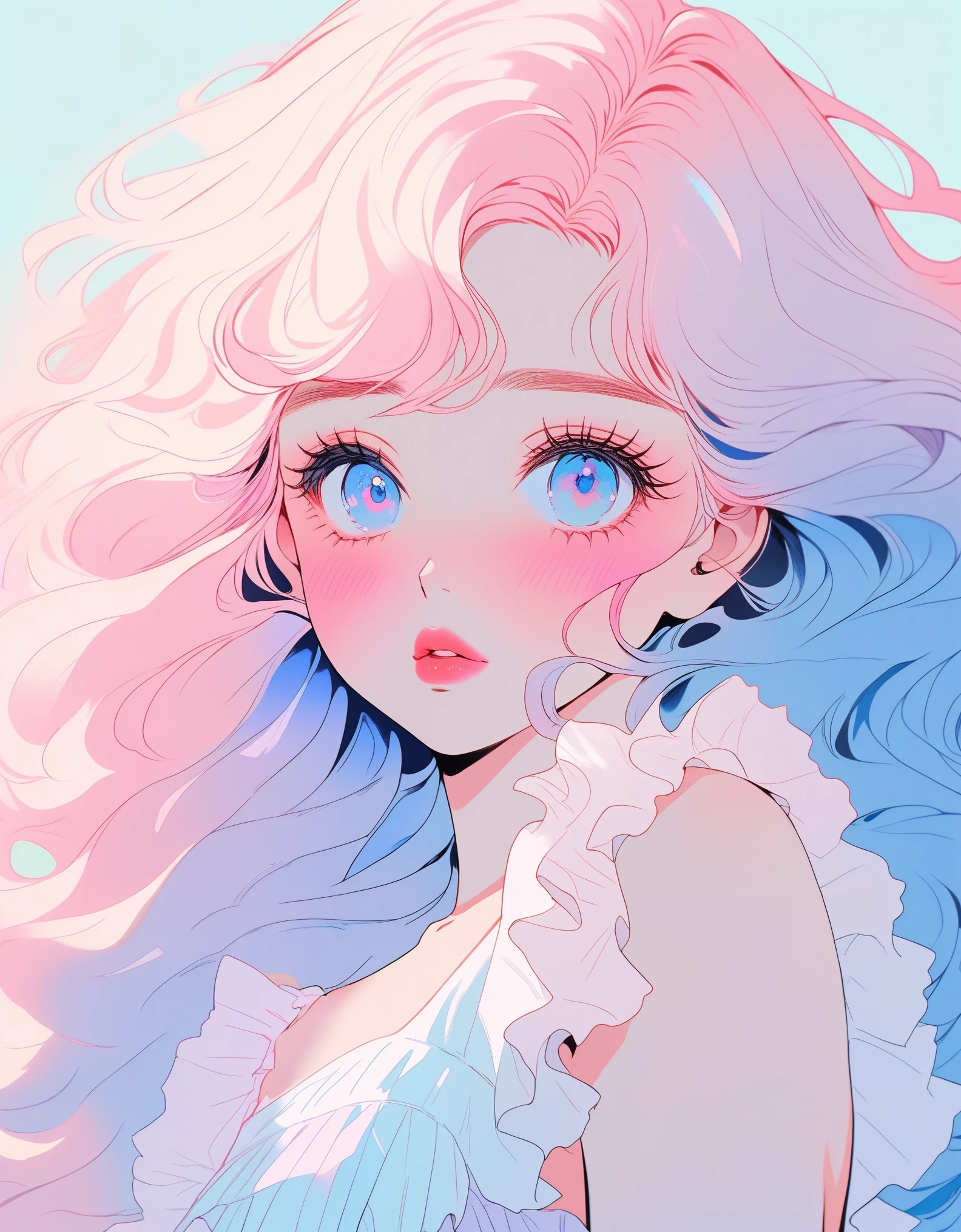 illustration style, anime , realistic ,sketch , 1 girl, ,pink lip, long eyelashes、shining blue eyes、ruffle skirt,order, pastel color gradient background, neon hair,textured crops, Canadian,muscari flower 、(masterpiece,highest quality)