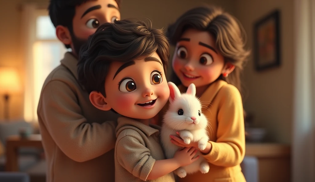 Arjun takes the rabbit home and shows it to his parents."
   - Visual: Arjun is at home, holding the rabbit in his arms, showing it to his parents. His mother and father are looking at the rabbit with a mix of concern and affection.