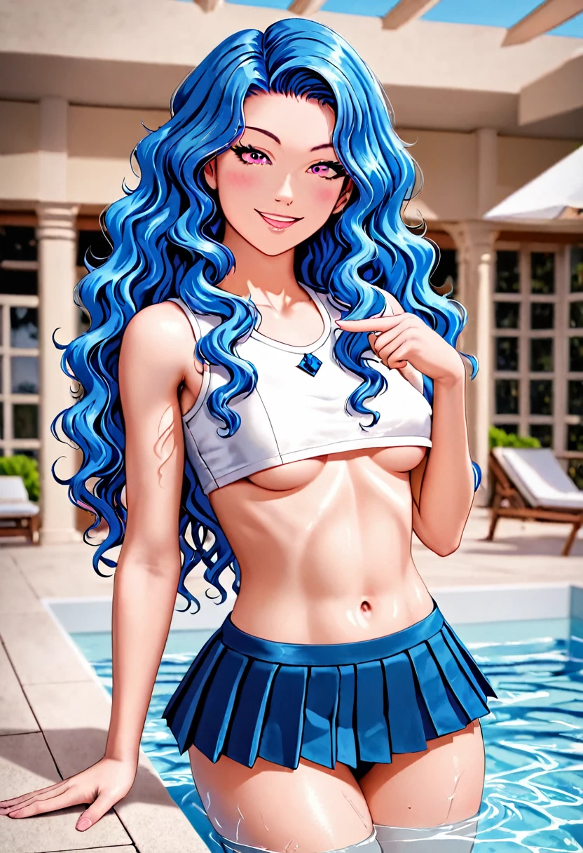 Anime style, source_anime, ((small round breasts)), (1 Girl), ((blue hair, medium and wavy hair)), pink eyes, double eyelids, light effect in the eyes, wide hips, tiny pleated skirt, naughty smile, ((hourglass hot perfect sexy body)), solo, best quality, masterpiece, portrait, flirting with viewer, sensual pose, detailed, perfect anatomy, detailed art, high definition, 4k , high resolution, in pool, ((crop top open underboob)), ((micro-shorts with straps panties:.24)),