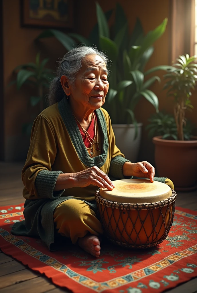Grandmother drumming at home with native 