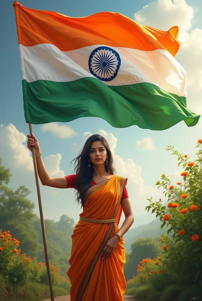 (photorealism:1.2), beautiful woman, standing, holding Indian flag, India, independence day wishes