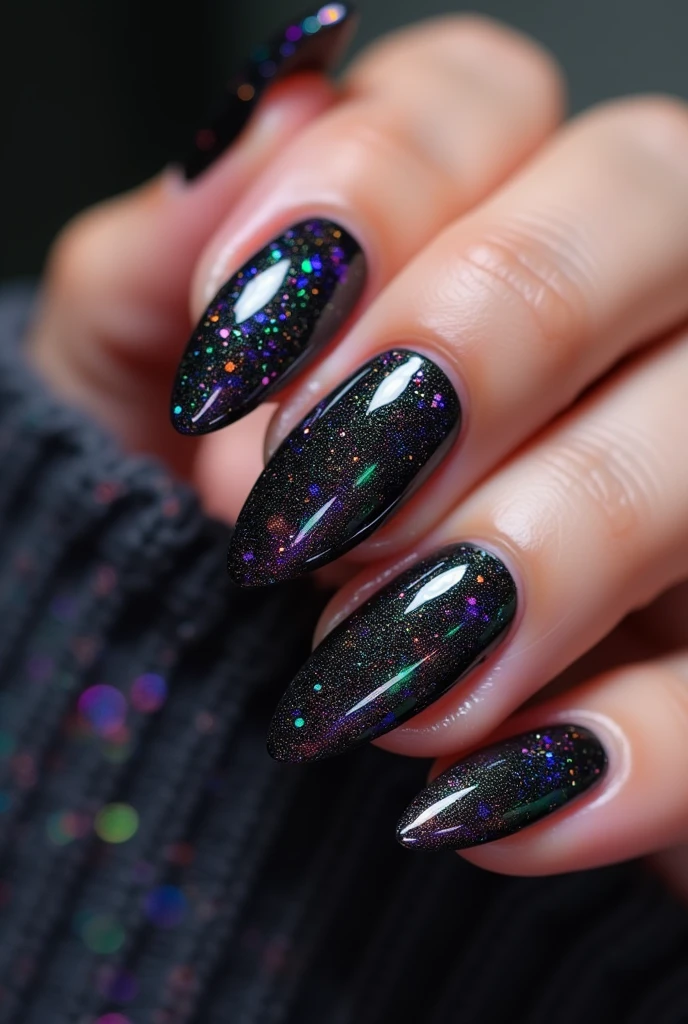 Almond-shaped nails, Long length (4,5 cm), that show an iridescent metallic finish. The design consists of a jet black base, on which holographic flashes are applied that dynamically change color, Reflecting purple hues, blue and green depending on the angle of the light. These multicolored flashes are distributed randomly and superimposed, creating a magical and captivating effect. The final result is a surface that seems to be alive, with a changing shine and an impressive visual depth. The finish is ultra-glossy, providing a feeling of great sophistication and elegance.