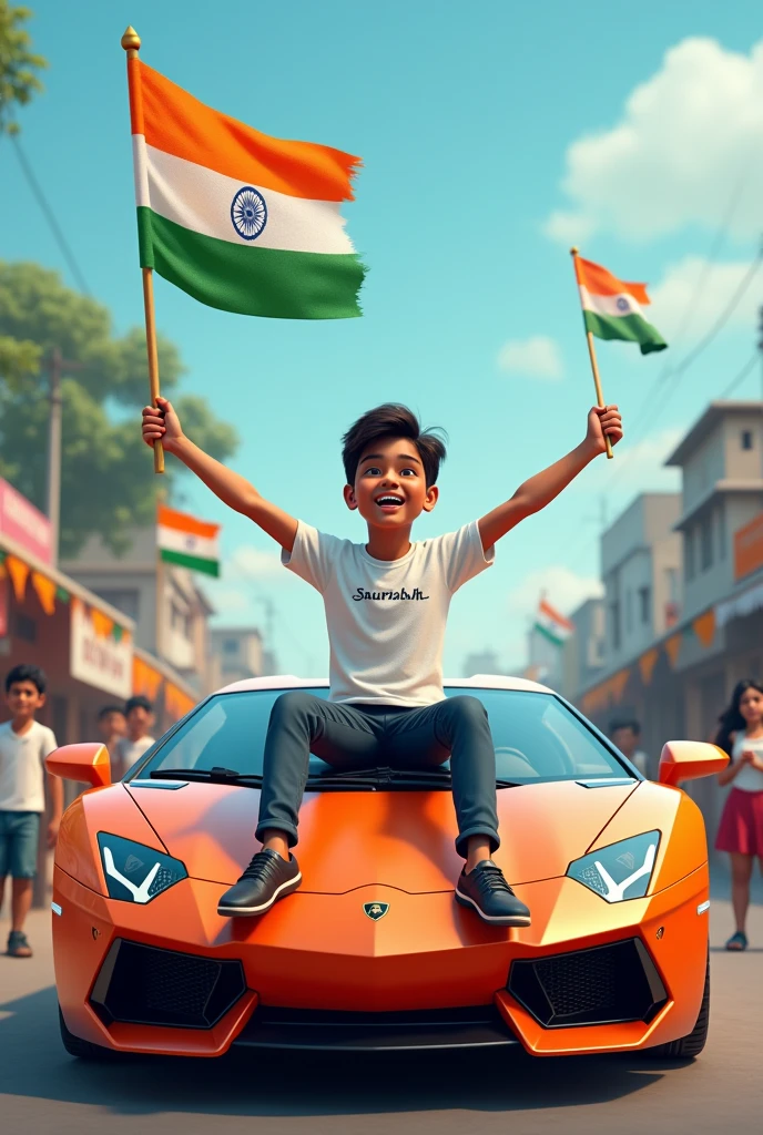 realistic Indian 18 year old boy sitting on Lamborghini car Holding Indian flag and celebrating India festival happy independence day with background of blue sky in Indian Street boy wearing pant, white t-shirt with name”Saurabh”style hair on it by the way childrens are holding Indian flag playing round, smart, shoes, some children also playing, and someuncles drinking tea at a shop. also a text written “Happy independence day”at top, 3D art painting real photo wit high resol