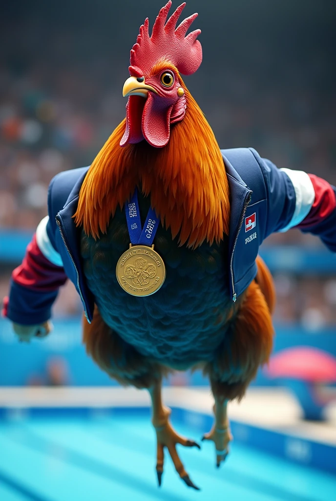 A rooster, diving photo shoot, with an air of superiority, so majestic, with a jacket on the animal's body, with the gold medal from the 2024 Paris Olympics, and the background of the image the colors of the French flag