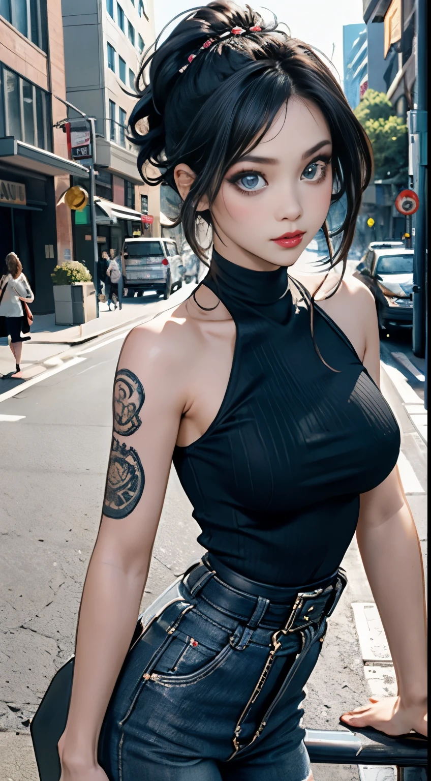 SFW, Tips for the first topic are as follows： quality, 8K, 32K, on the table:1.3), Extremely detailed, (Realistically:1.4), White, Albinism, Punk Girl, Delicate eyes, Upper part of the body, Luxurious Punk Hairstyle, Avant-garde punk fashion, Avant-garde makeup, Multiple piercings, There are a lot of tattoos, Street background, backlight effect, Shallow depth of field, Blurred background", Wear,((Thin waist)), Young Asian Girl, ((Big breasts)),Reclining back，She's dressed very conservatively.