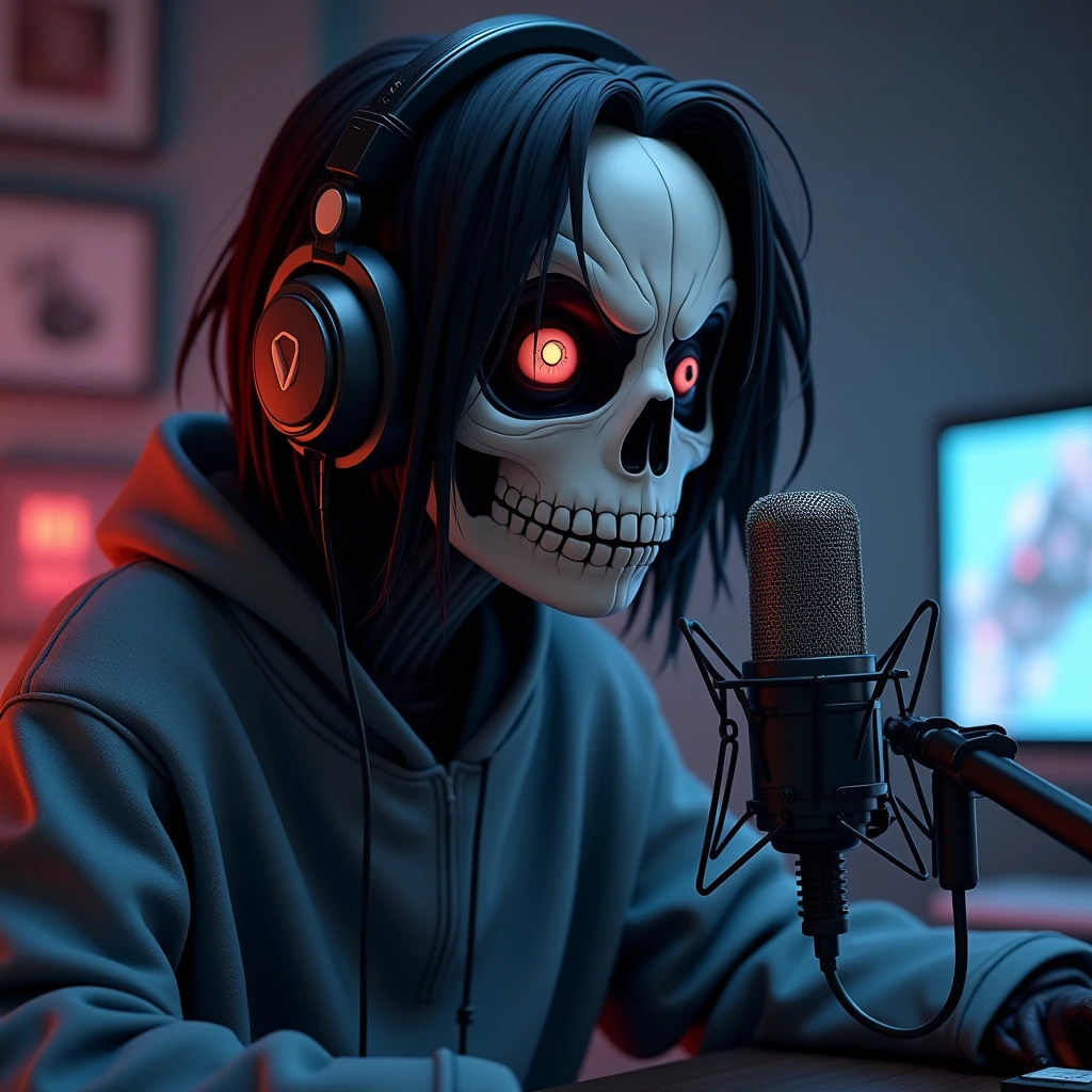 (skull face), ((lobo DC comics)) (Wearing Headphones) (speaking into a condenser microphone) (wearing sweatshirt) face black hair, eyeball, アニメ, Expressionism, gothic art, estilo アニメ, cinematic lighting, Depth of field, Chromatic aberration, ray tracing, anatomically correcte, high qualiy, High definition, 4K