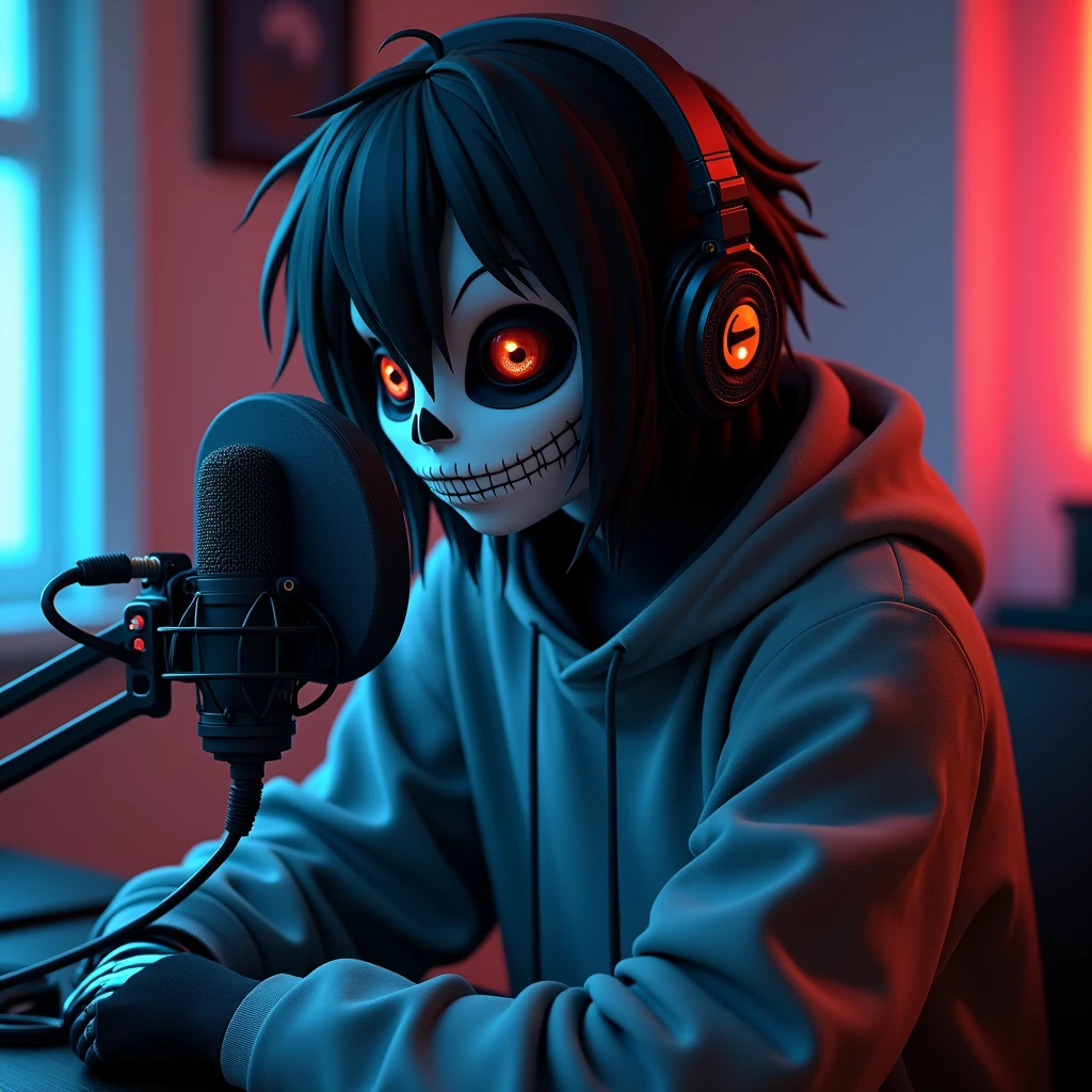 (skull face), ((lobo DC comics)) (Wearing Headphones) (speaking into a condenser microphone) (wearing sweatshirt) face black hair, eyeball, アニメ, Expressionism, gothic art, estilo アニメ, cinematic lighting, Depth of field, Chromatic aberration, ray tracing, anatomically correcte, high qualiy, High definition, 4K