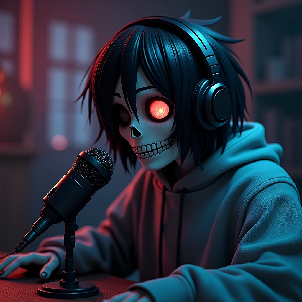 (skull face), ((lobo DC comics)) (Wearing Headphones) (speaking into a condenser microphone) (wearing sweatshirt) face black hair, eyeball, アニメ, Expressionism, gothic art, estilo アニメ, cinematic lighting, Depth of field, Chromatic aberration, ray tracing, anatomically correcte, high qualiy, High definition, 4K