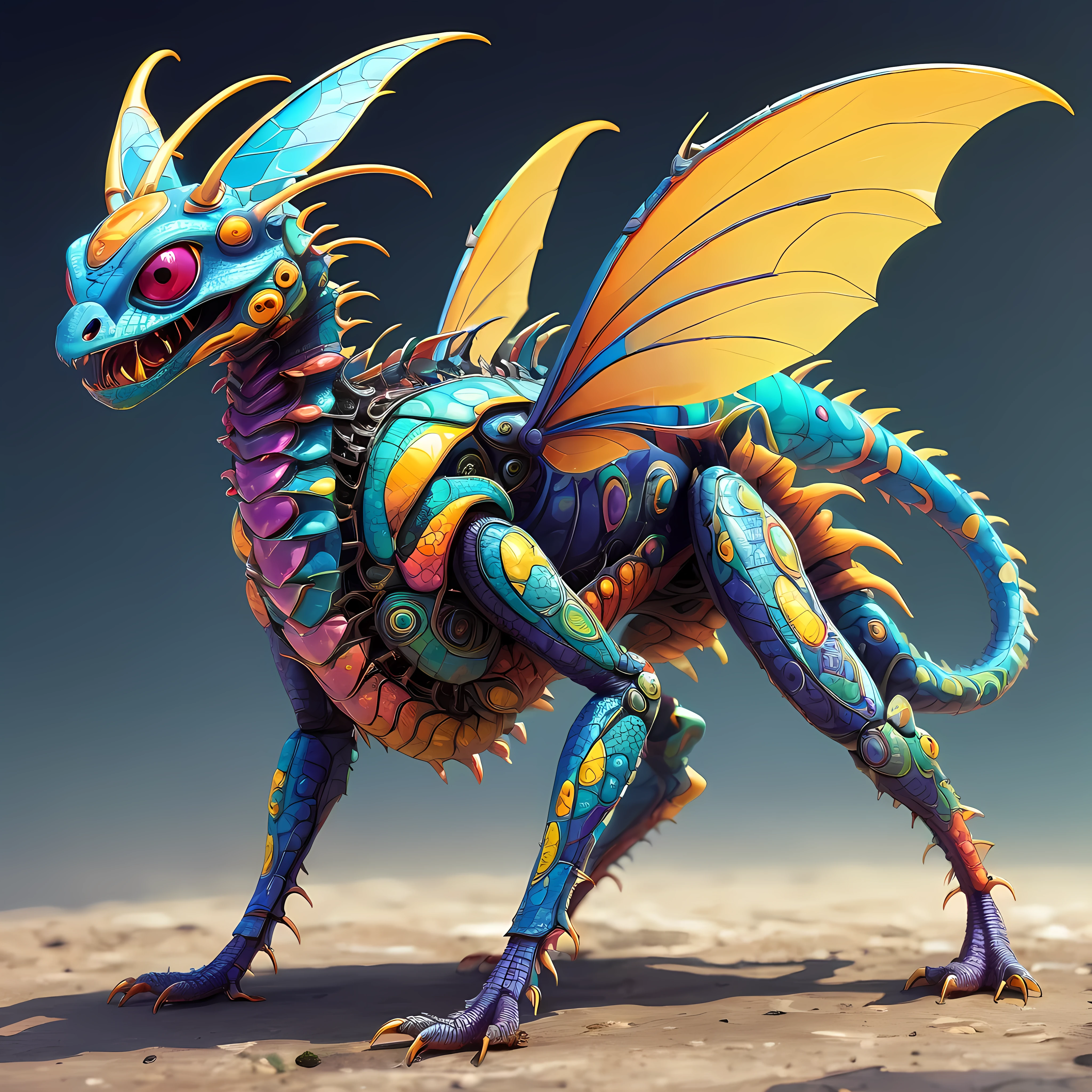 a small bizarre and strangely scary looking part mechanical brightly coloured insect reptile hybrid. Showing the entire, highly detailed body from the side. The entire picture is full of details. Strange alien landscapes in the background. Big and highly detailed. HD. Big intricate wings . sharp teeth and fangs. Abdominal tentacles and interesting antennas.multiple big detailed eyes. long spiky legs. Claws for feet. Scaley and slimy skin with segmented body. Strange and frightening looking mouthparts Mind controlling and Hypnotic. Resembling Fractal like symmetry and a psychedelic DMT trip style of visual Elements. .