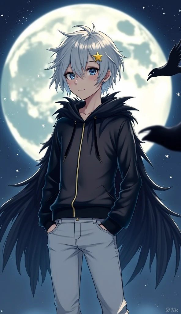 (masterpiece), (best quality), full body,simple background,standing,
Boy,shiny hair,white hair,golden star hair ornament, black feather hoodie, ((see-through)),white jeans,light smile,
Stara, sky, full_moon,detective theme,((black legwear)), ((crow)),night,