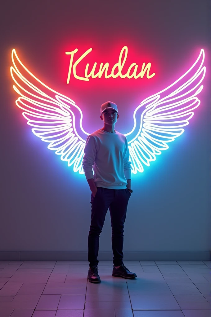 In this striking and futuristic scene, a mysterious individual stands confidently in front of a mesmerizing neon wall. The individual’s casual attire – a white sweater, white cap, black pants, and black shoes – contrasts with the vibrant neon wings in indian flag color, symmetrically placed on either side of the figure. The bold red neon quote “Kundan” adds an inspiring touch to the composition. The floor, made of tiles, reflects the grayish hue of the wall