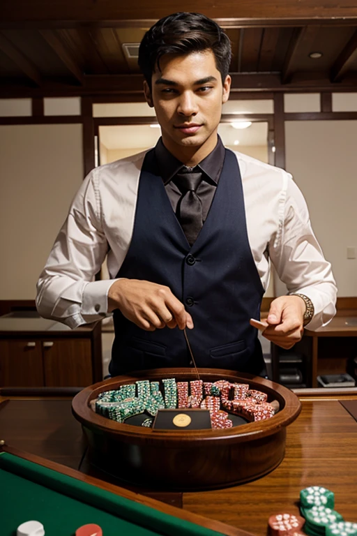 Anpanman Karuta,All In,One shot,All bets,Loaded chips,Two men in formal attire,1 dealer