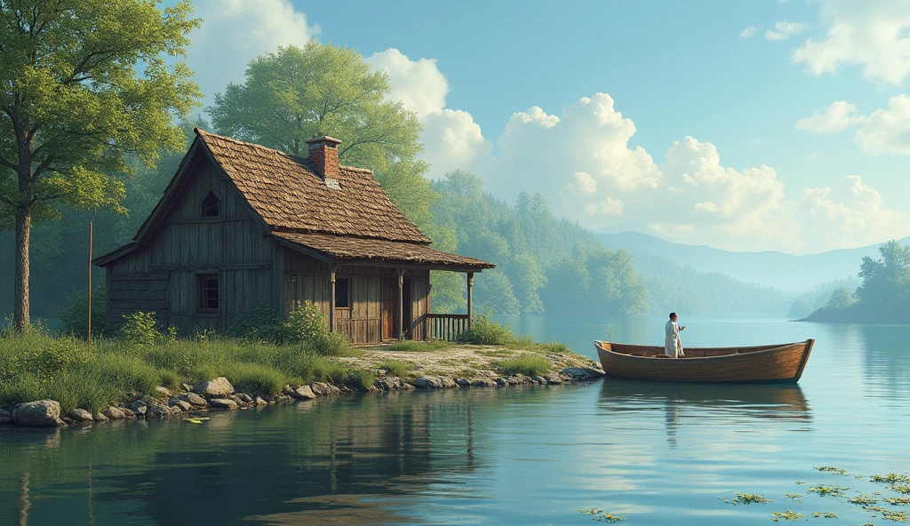 Home: An old, modest house by the lake, with a small boat docked nearby.