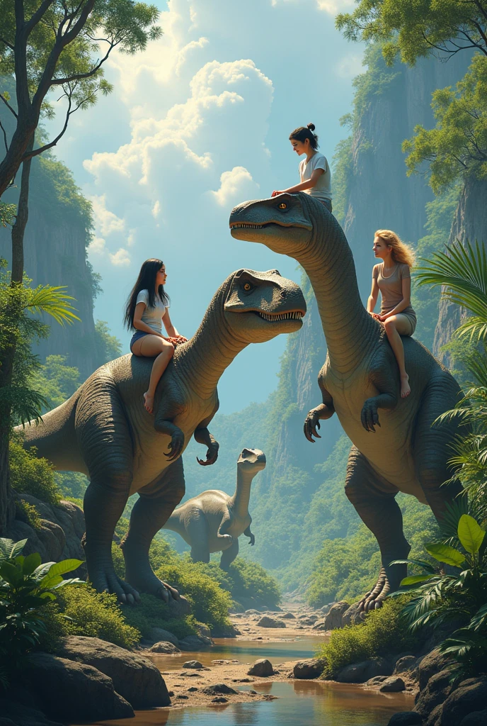 create an image representing the terrain and fauna of Earth during the Jurassic period (dinosaurs, ferns, gymnosperms) e coloque três dinosaurs com uma garota de cabelo preto liso sentada em cima de um, a straight blonde girl on top of another and a curly blonde girl on top of another