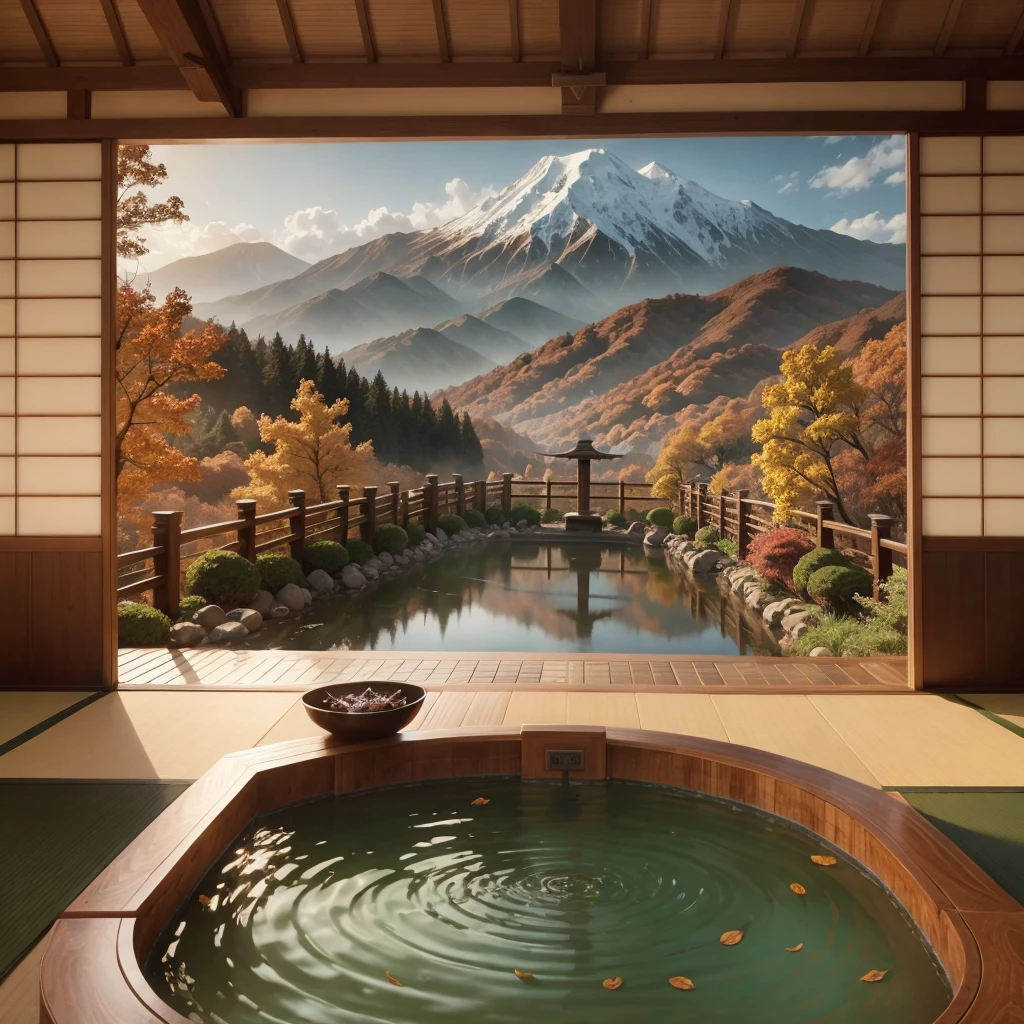 A japanese hot spring resort with mountain view in distance and leaves falling into air, hot spring, Shimizu, wallpaper, Printable,bamboo forest
