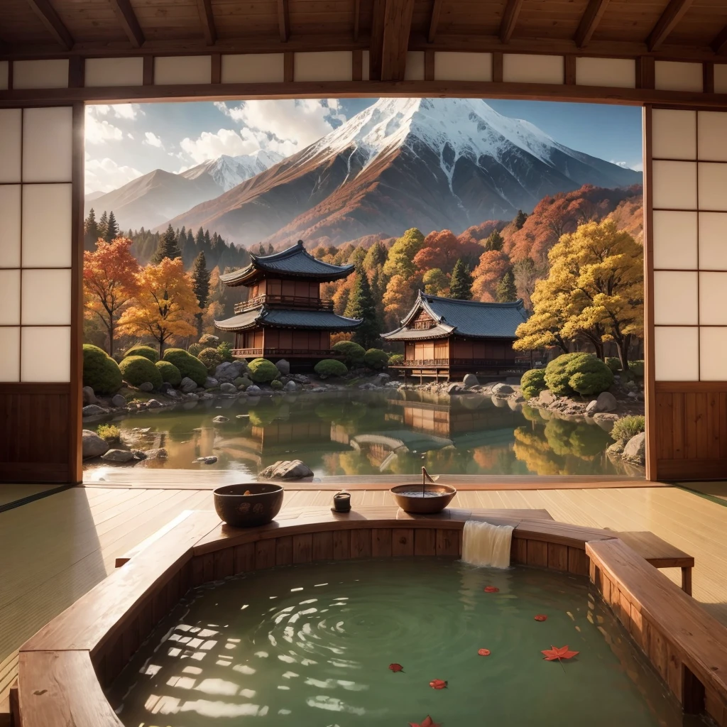 A japanese hot spring resort with mountain view in distance and leaves falling into air, hot spring, Shimizu, wallpaper, Printable，bamboo forest