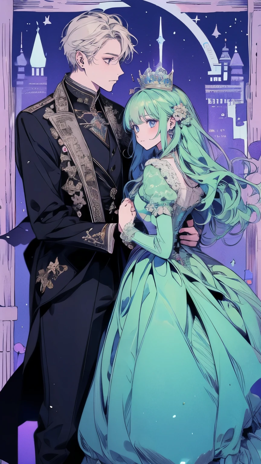 Princess、Prince、A long mint dress、Dance、Castle、smile
