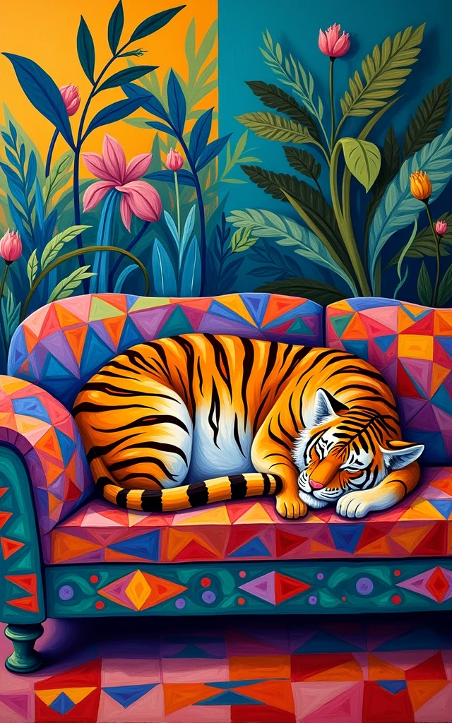 Matisse style oil painting tiger sleeping on bright color pattern couch with tropical plants behind him