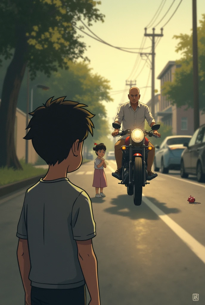 A boy is waiting for his girlfriend but she is going with her father on father's bike in front of that boy, make this as image