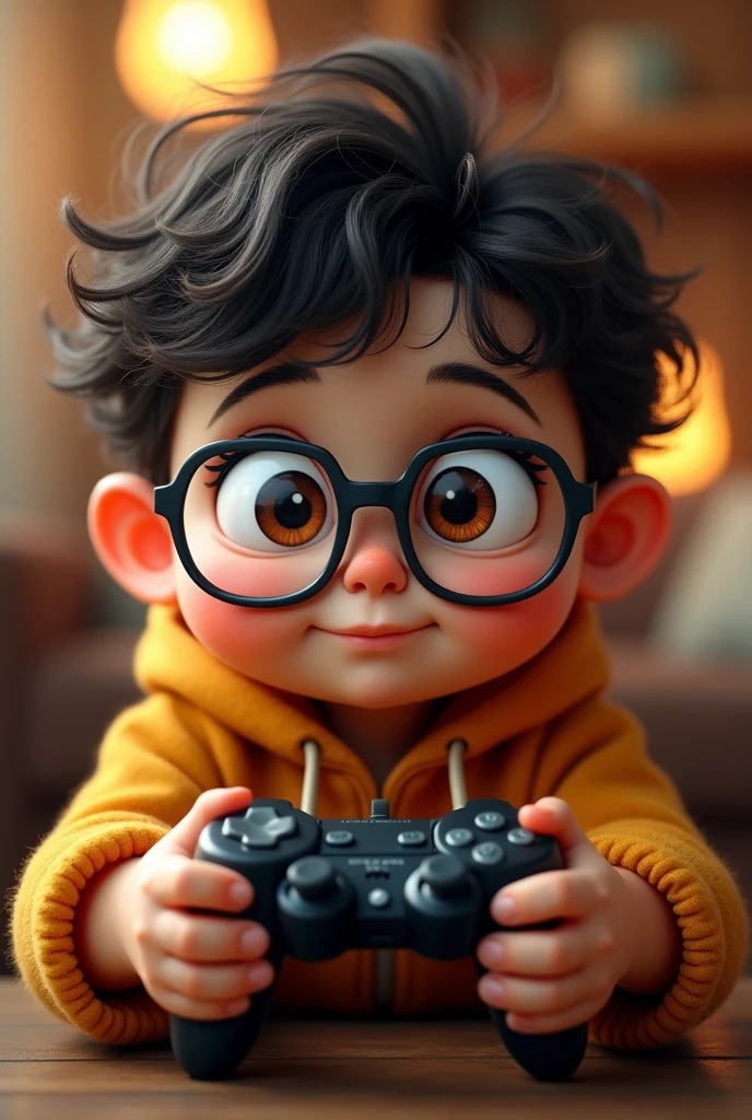 A chubby boy with big glasses and very big eyes holding a video game controller and playing, with curly hair. Slightly rounded glasses and EYES WITH HUGE BRIGHTNESS