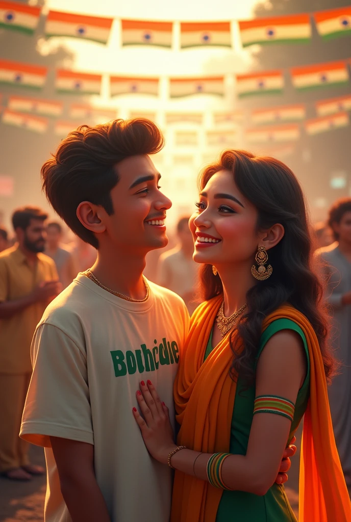 real young couple, Mabud and Sariya stand together, boy 20 years old and girl  , joyfully celebrate Indian Independence Day. They are wearing indian outfits and Mabud name is written on boy's outfit and Sariya written on girl's outfit. Above them, in the sky, the words "Happy Independence Day" are displayed in a bold font. The backdrop is filled with people celebrating, enhancing the festive and patriotic spirit of the day.make sure text should be correct.
