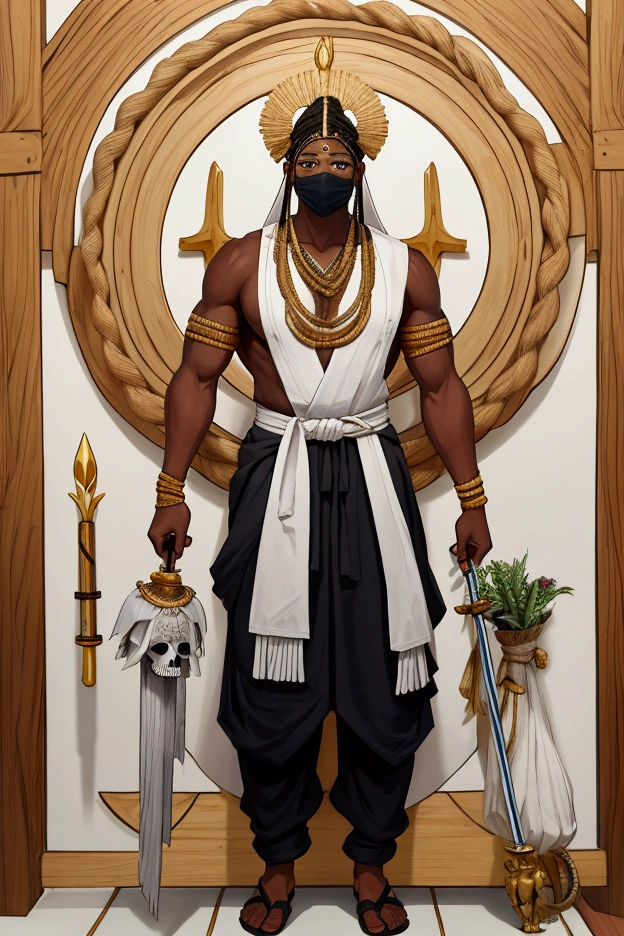 Create an image of the Yoruba healing god Obaluaiê. A full-body image. He wears a straw garment that covers his face and reaches down to his waist, but his arms and legs are visible. He is a muscular black man. He carries two objects in his left hand: a wooden scepter with bones and in his right hand an object braided in rope.