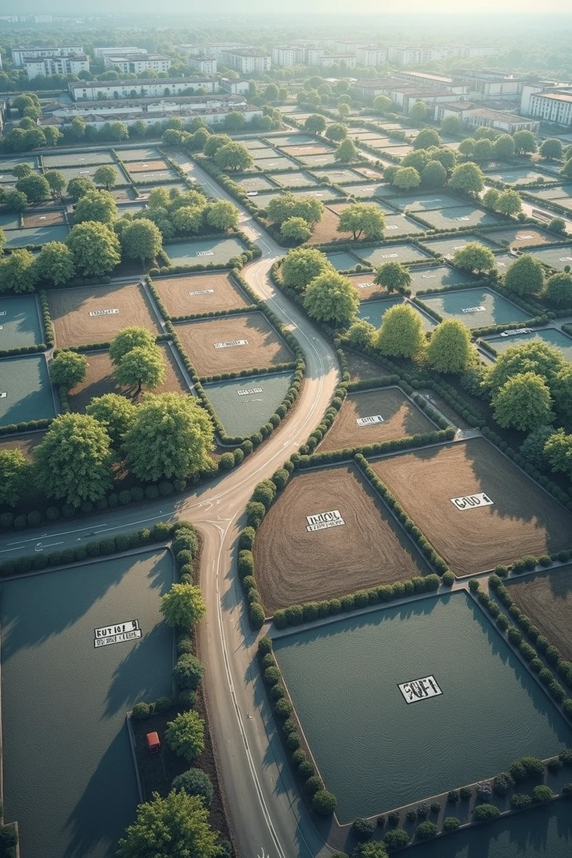 An aerial photo of the land with some lots of different sizes marked without green areas