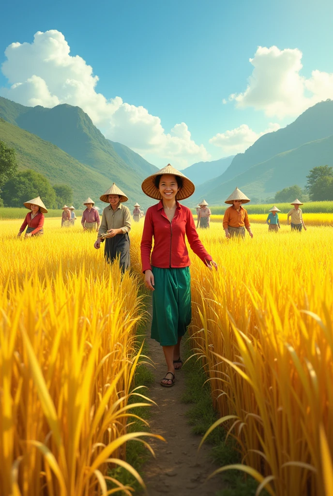 Background of Vietnamese farmers harvesting ripe golden rice, people harvest in an excited atmosphere, under the blue sky 