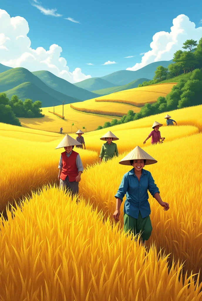 Background of Vietnamese farmers harvesting ripe golden rice, people harvest in an excited atmosphere, under the blue sky 