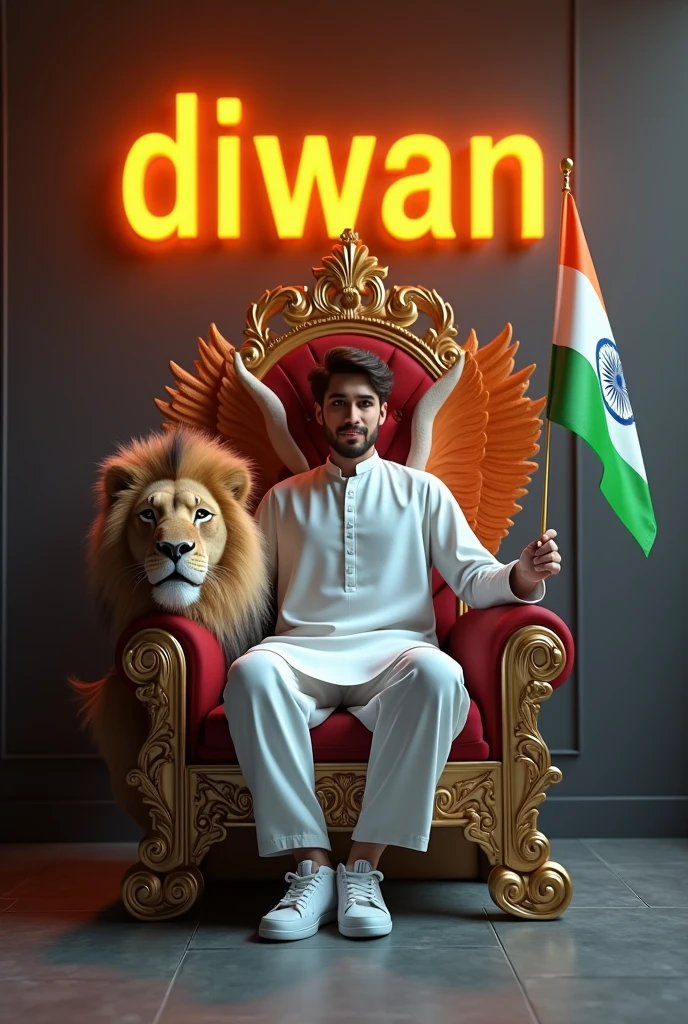Use This Prompt “Make a 3D profile picture that shows a 25-year-old boy wearing a white kurta, sitting relaxed on a throne meant for the King of Beasts. He is holding an Indian flag in one hand, and there is a fierce lion by his side. He’s wearing sneakers and looking straight ahead. The name ‘omprakash diwan’ is written in big, glowing orange letters on a dark gray wall behind him. He has no shadow, and there are wings in the colors of the Indian flag on his back.”
