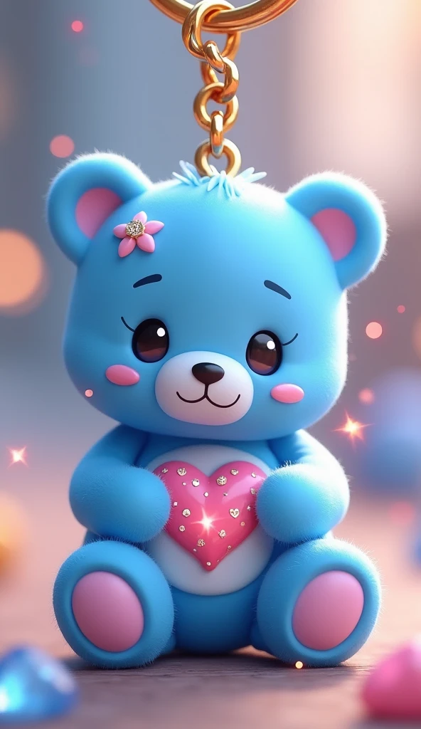 A close-up of a blue cartoon bear keychain，There is a heart in the chest, Lovely and detailed digital art, Popular on artstation pixiv, Beautiful and lovely lighting, Detailed fan art, Beautiful animal pearl queen, Cute digital art, Digital Art on Pixiv, Lovely detailed artwork, [ Tarot ]!!!!!, Dreamy and detailed, official art works, Profile picture 1024px，crystal