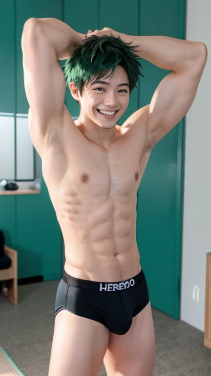 Japanese men、、Well-developed muscles and smooth skin、Fluffy, voluminous green hair、Boxer briefs、You can see the whole body from head to toe、Smiling softly、Hero Academy