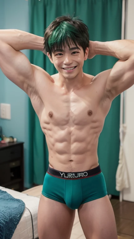 Japanese men、、Well-developed muscles and smooth skin、Fluffy, voluminous green hair、Boxer briefs、You can see the whole body from head to toe、Smiling softly、Hero Academy