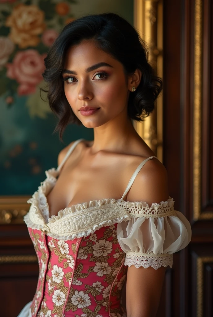 Beautiful latina woman perfect body short brunette hair,  dressed in elegant victorian era 19th century American colorful conservative formal studio lighting,  beautiful indoor background 